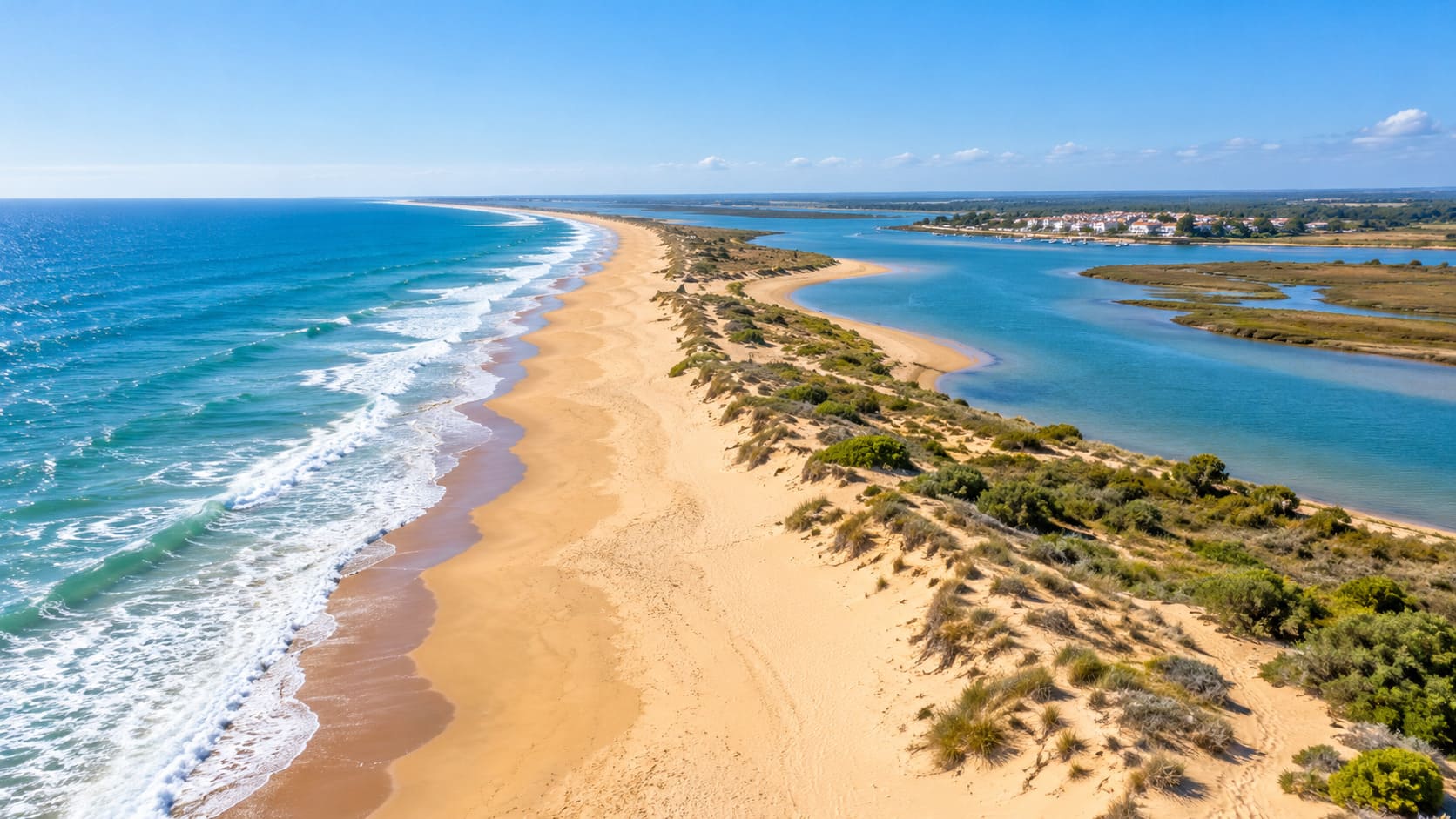 Vista aérea ilustrativa de las playas de El Rompido, con dunas de arena, el océano Atlántico y el estuario del río Piedras en Huelva