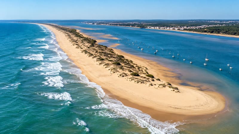 Vista aérea ilustrativa de la playa de la Flecha de El Rompido, Huelva, con dunas de arena, el océano Atlántico y el estuario del río Piedras.
