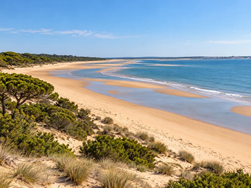 Playa de Nuevo Portil en Cartaya, Huelva, con extensos arenales, dunas, pinares y aguas del Atlántico.