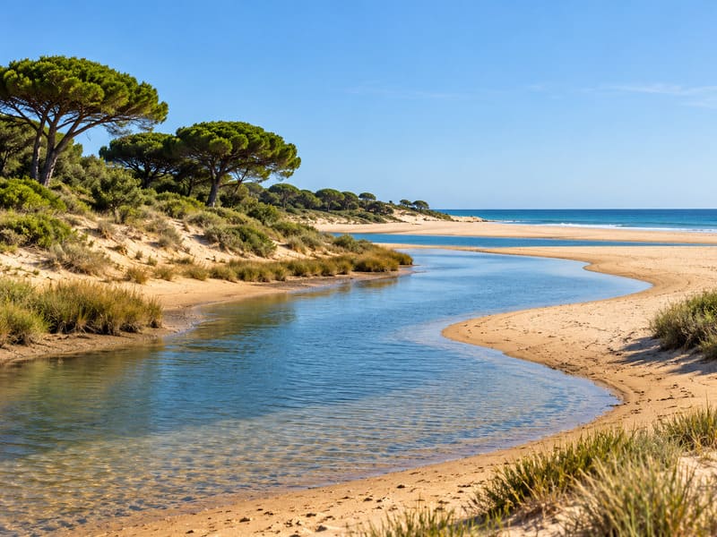 Imagen ilustrativa de la playa del Caño de la Culata, en Cartaya, Huelva, con un caño de agua entre dunas, pinares y el mar al fondo