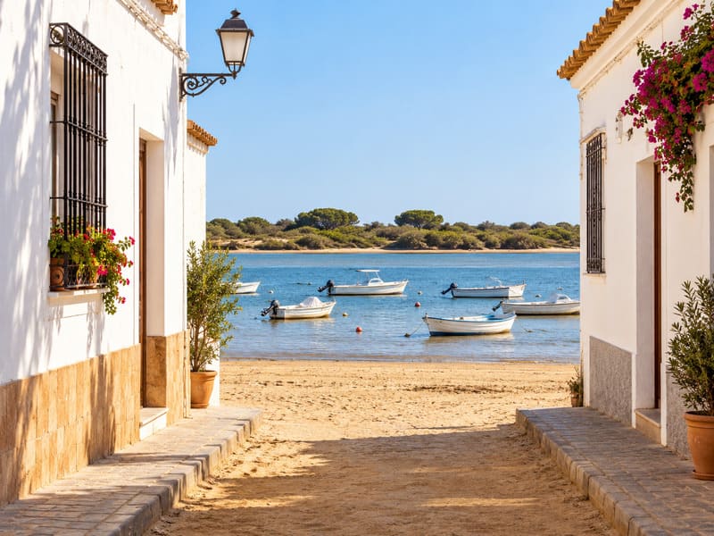 Vista de la playa urbana de El Rompido, Huelva, con casas blancas tradicionales, acceso a la arena y pequeñas embarcaciones en el río Piedras